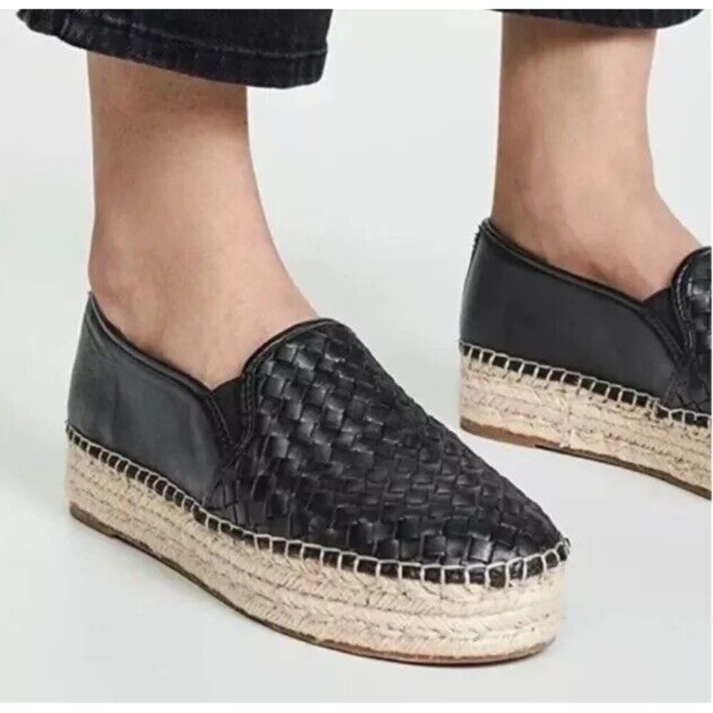 Women's Sz 6.5 SAM EDELMAN Catherine Slip On Black Leather Platform Espadrille - Picture 9 of 9